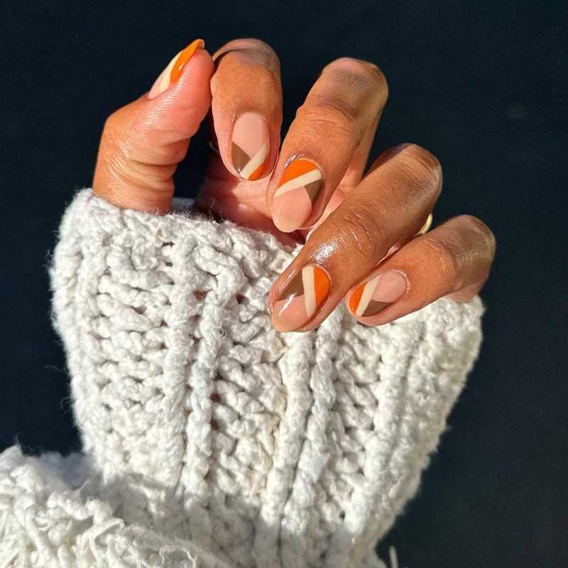 Burnt Orange & White Stripe Nails