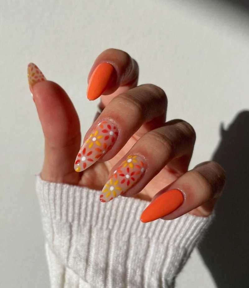 Floral Burnt Orange Nails