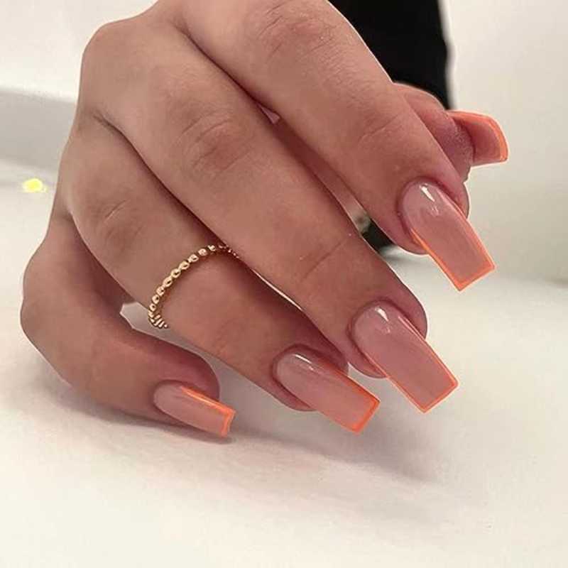 Glossy Solid Orange with Flowy Accent in Square Tips