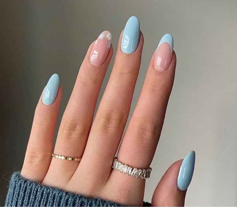 Baby Blue French Tip with Daisies