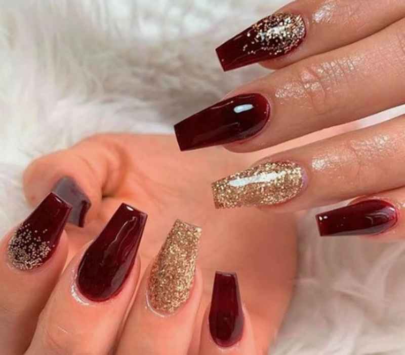 Burgundy and Gold Nails
