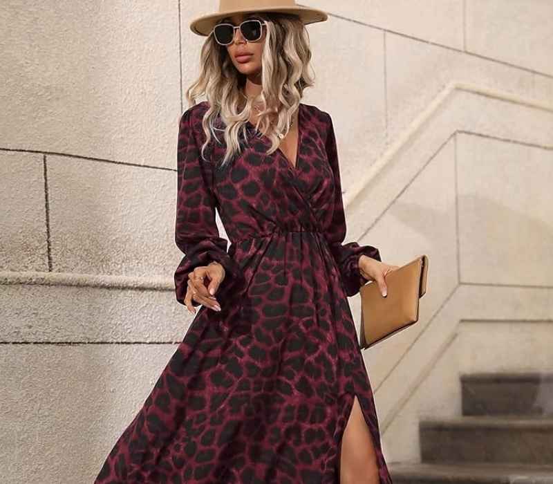 Leopard-Trimmed Burgundy Dress