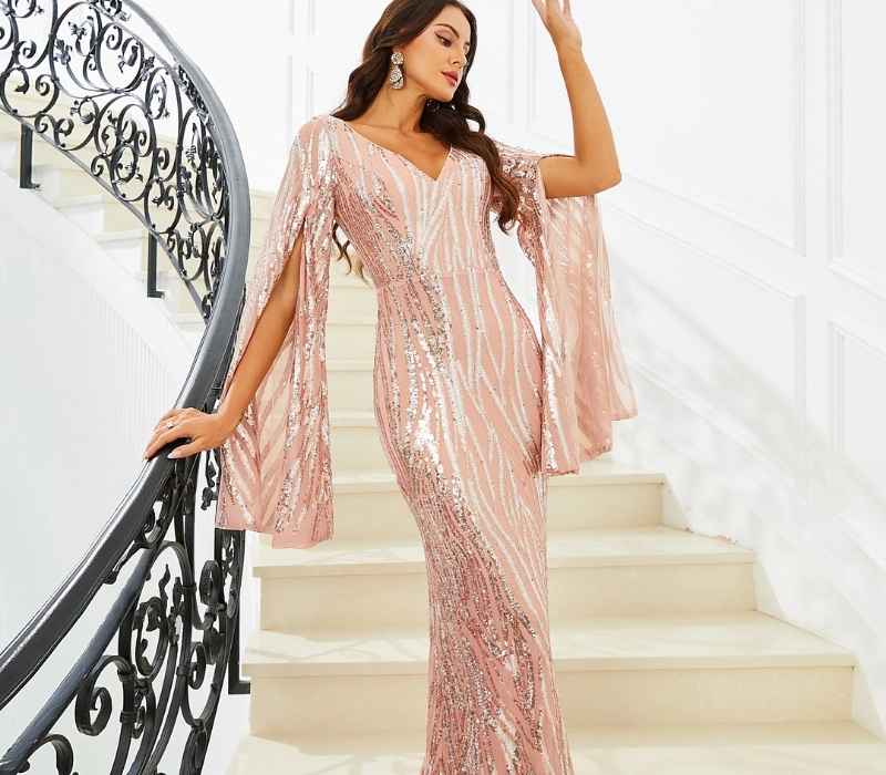 Full Sequin Cape Sleeve V-Neck Gown