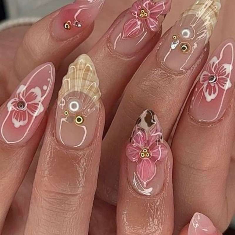 Almond Shape and 3D Tropical Nail Art