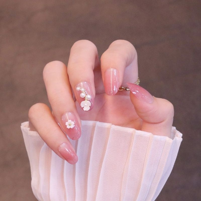 Cutest Nails with Pink Florals and White Pearls