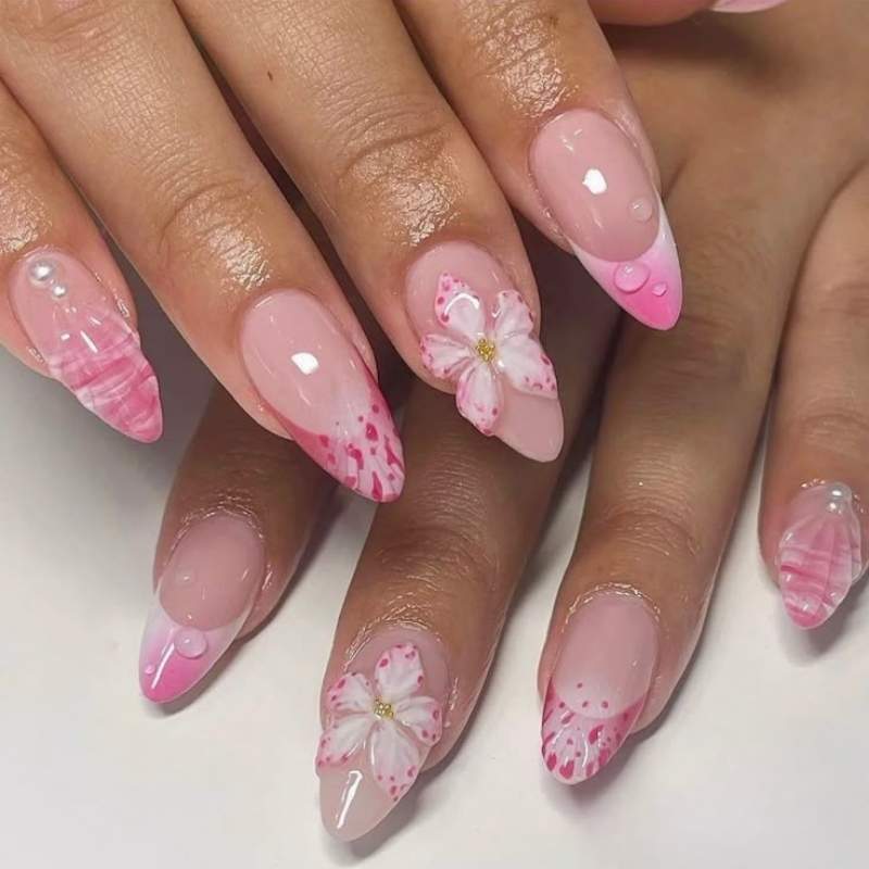 Subtle Pink Hawaiian 3D Nails